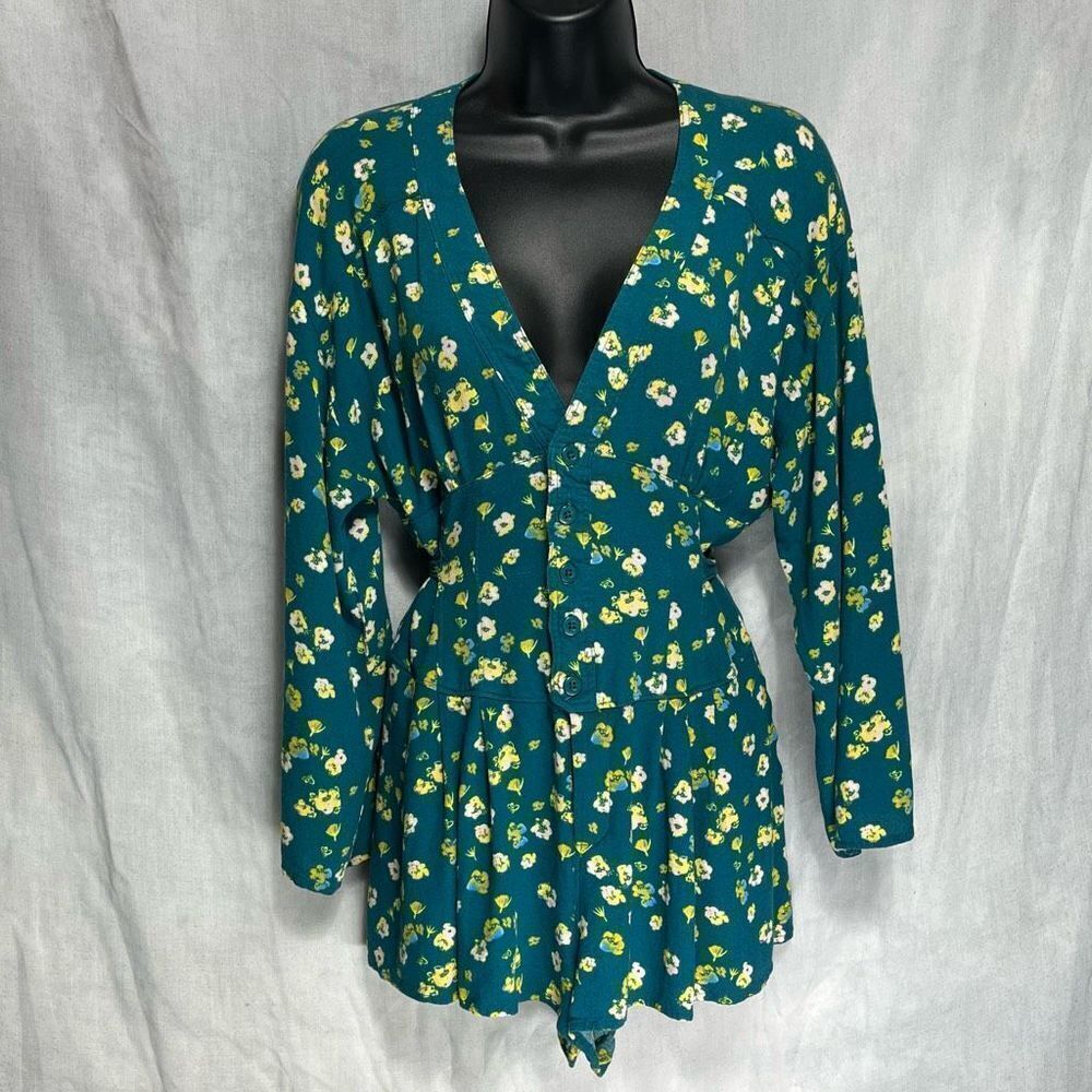 FREE PEOPLE WOMENS FLORAL TEAL ROMPER W POCKETS! 100% RAYON LIKE NEW SIZE 4
